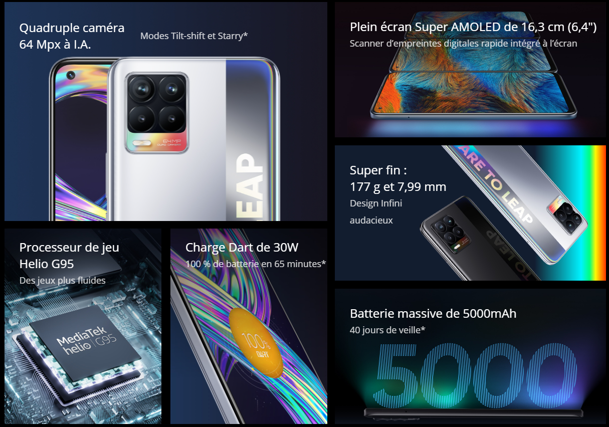 Smartphone Realme 8 / 4G / 8 Go / 128 Go / Argent Cyber